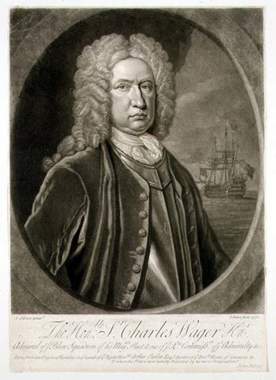 Picha ya Sir Charles Wager (1666-1743) Admiral wa Blue Squadron, iliyochongwa na John Faber (1684-1756) 1732 (engraving)swed. av Thomas (after) Gibson