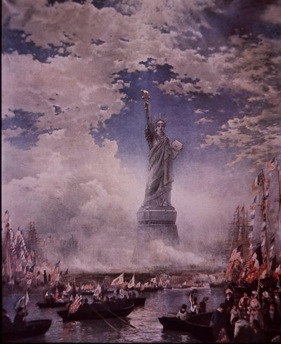 Avtäckning av Frihetsgudinnan i New Yorks hamn, 28 oktober 1886 (färg litho) av Thomas (after) Moran