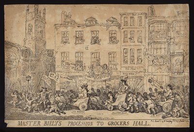 Mästare Billys procession till Grocers Hall; Politisk satir över processionen av William Pitt den yngre till Grocers Hall för att ta emot Londons frihet av Thomas (after) Rowlandson