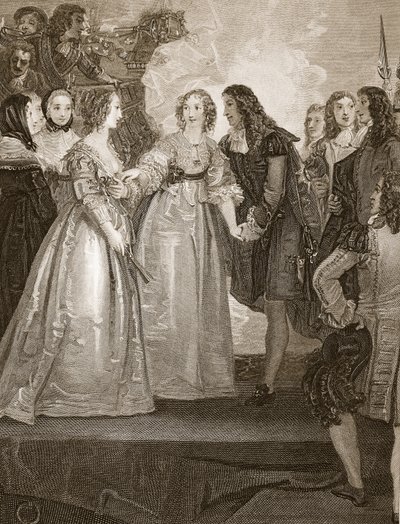 Charles II som tar emot hertiginnan av Orleans i Dover, graverad av W. Bromley, illustration från David Humes "The History of England", pub. av R. Bowyer, London av Thomas (after) Stothard
