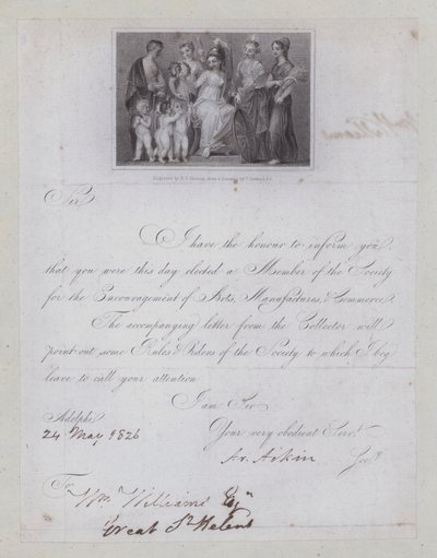 Bekräftelsebrev på val till medlemskap i Society for the Encouragement of Arts, Manufacturers and Commerce av Thomas (after) Stothard