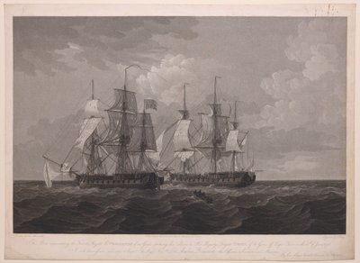Denna plansch föreställande den franska fregatten La Proserpine på 40 kanoner som slog flagg mot Hans Majestäts fregatt Dryad på 36 kanoner utanför Cape Clear den 13 juni 1796... tillägnad kapten... Lord Amelius Beauclerk... av Thomas (after) Whitcombe