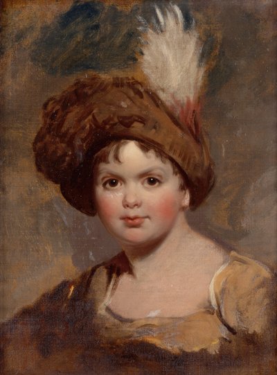 Porträtt av en ung pojke i brun dräkt med fjäderprydd hatt (skiss) (olja på duk) av Thomas (attr. to) Lawrence