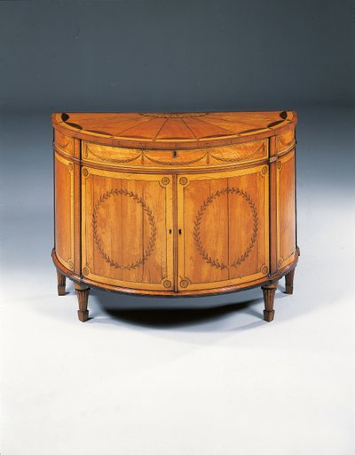 George III intarsia demi-lune commode, ca 1760-79 (satinwood, amaranth & tulpwood) av Thomas (attr.to) Chippendale