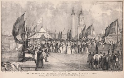 Ceremonin för öppning av London Bridge med Old London Bridge i bakgrunden av Thomas Allom