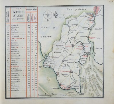 Kent, plåt 39r, från A Complete Set of Maps of England and Wales in General..., 1724 (penna & bläck och wc på papper) av Thomas Badeslade