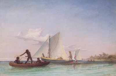 The Long Boat of the Messenger attackerad av infödda av Thomas Baines