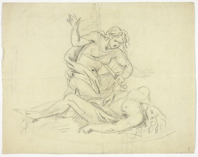 Pyramus och Thisbe (höger); Tre mansfigurer med mausoleumsplanritning (verso) av Thomas Banks