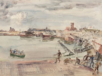 Docks ex lager (sic) i hamnen i Calais Bassin Ouest, 1944 (penna, penna, bläck, pensel och wc på papper) av Thomas Barclay Hennell
