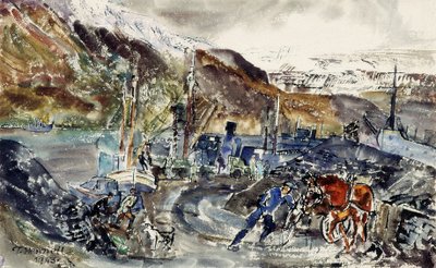 Lokala kolvagnar och trålare, Seydisfjordur, Island (akvarell på papper) av Thomas Barclay Hennell