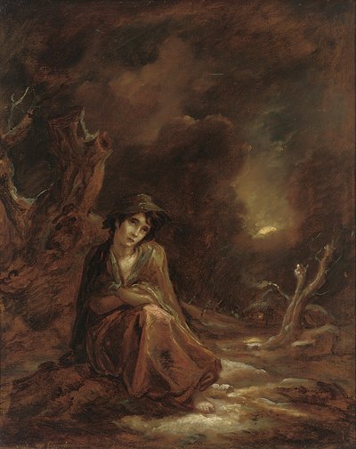 Scener från William Cowpers "The Task": ett månbelyst vinterlandskap med Crazy Kate i vila på en bana, 1785 av Thomas Barker of Bath