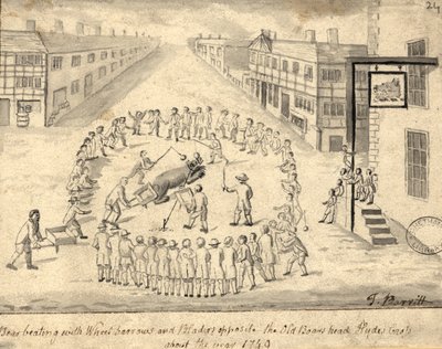 Bear baiting, Manchester, 1819 (penna och bläck och tvätt på papper) av Thomas Barritt
