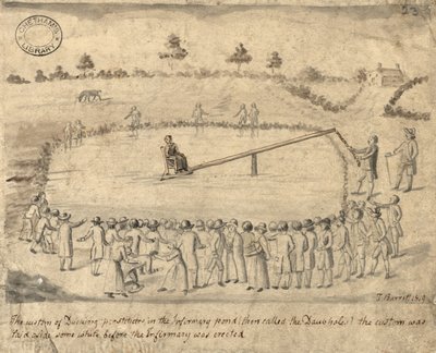 Ducking prostituerade, Manchester, 1819 (penna och bläck och tvätt på papper) av Thomas Barritt