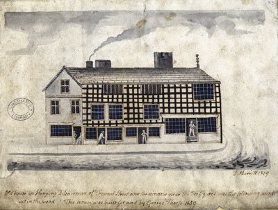 Old House on Hanging Ditch, Manchester, 1819 (penna och bläck och tvätt på papper) av Thomas Barritt