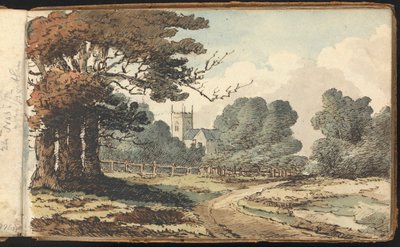 Album med landskaps- och figurstudier: lantlig scen med kyrka av Thomas Bradshaw
