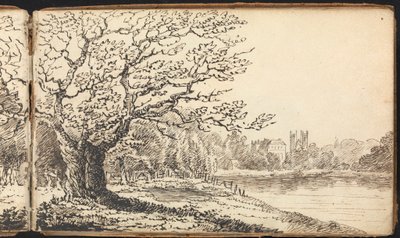 Album med landskaps- och figurstudier: Träd längs en flod med byggnader i fjärran av Thomas Bradshaw