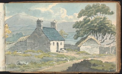 Album med landskaps- och figurstudier: Två stenstugor av Thomas Bradshaw