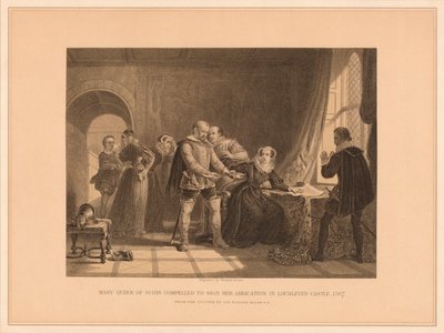 Mary Queen of Scots tvingades underteckna sin abdikation i Lochleven Castle, 1567, 1878 av Thomas Brown