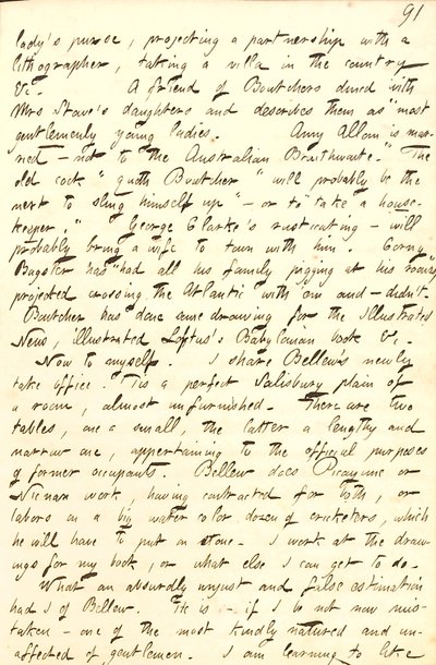 Beskriver kontoret han delar med Frank Bellew och ett brev från William Boutcher.     Transkription av Thomas Butler Gunn