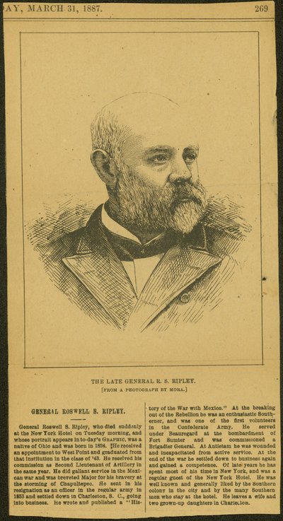 Dödsruna och gravyr över General R.S. Ripley av Thomas Butler Gunn