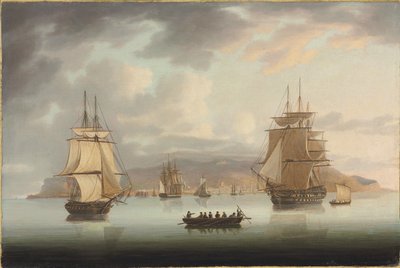 Funchal Roadstead, H.M.S. Blenheim med vinthund och harrier utåtgående, 1805 av Thomas Butterworth