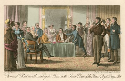 Bernard Blackmantle, läser sin fars i Green Room på Theatre Royal, Drury Lane, London av Thomas Charles Wageman