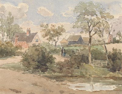Landskap med stuga, väderkvarn, lador och figurer med damm i förgrunden av Thomas Churchyard