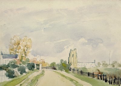 Suffolk Landskap, en bred väg med ett litet hus, en kyrka och träd av Thomas Churchyard