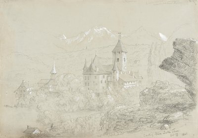 Castle of Spiez, 1841 (penna och gouache på grågrönt papper) av Thomas Cole