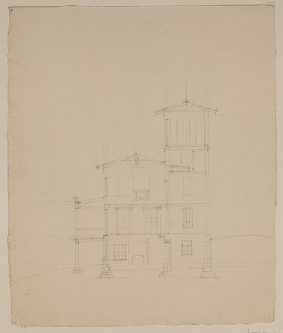 Ritning av den föreslagna villan i Catskill, ca 1801-48 (grafitpenna på benvitt vävt papper) av Thomas Cole