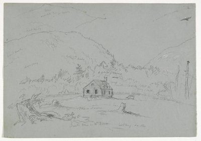 Hus i Mount Desert, ca 1844 (grafit förhöjd med vit krita på papper) av Thomas Cole