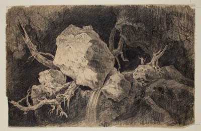 Hunter Standing in Cave near Rock and Waterfall, ca 1828 (grafitpenna) av Thomas Cole