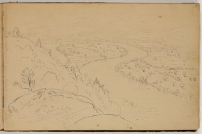 Panorama över Oxbow på Connecticut River sett från Mount Holyoke, ca 1832 (penna på papper) av Thomas Cole