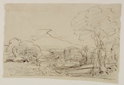 Vulkan, sjö, figurjakt, 1846-47 (penna och bläck med penna på papper) av Thomas Cole