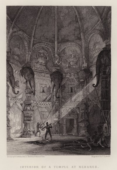 Interiör av ett tempel i Benares (färg litho) av Thomas Colman (after) Dibdin