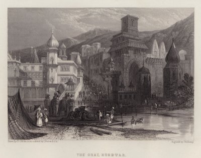 The Ghat, Hurdwar (färg litho) av Thomas Colman (after) Dibdin