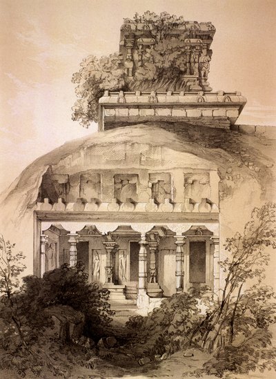 Grotta med strukturell Vimana, Mahavellipore av Thomas Colman Dibdin