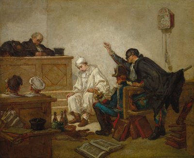 Pierrot i brottmålsdomstolen, ca 1864-70 (olja på träpanel) av Thomas Couture