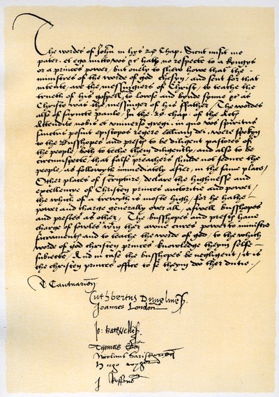 Biskopsförklaring av ärkebiskop Crammer och sju andra engelska biskopar, c1537. av Thomas Cranmer