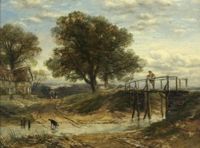Landskap med bäck, bro och stuga (olja på panel) av Thomas Creswick