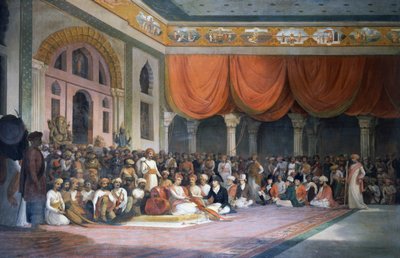 Charles Warre Malet sluter fördrag med Peshwa från Maratha Empire 1790 i Durbar av Thomas Daniell