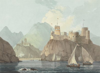 Östlig utsikt över forten Jellali och Merani, Muskat av Thomas Daniell