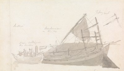 Fiskebåt med liten farkost vid sidan av av Thomas Daniell