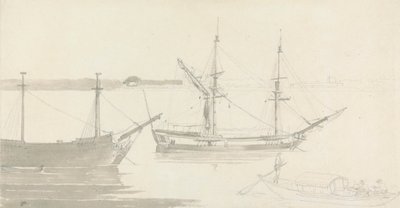 Två förtöjda fartyg och en fiskebåt av Thomas Daniell