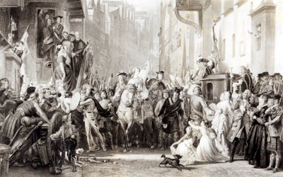 Prins Charles Edward (1720-88) och högländarna på väg in i Edinburgh efter slaget vid Preston, 21 september 1745 (se 105438) av Thomas Duncan