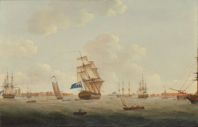 Ett panorama över Portsmouths hamn med krigsmän och annan sjöfart av Thomas Elliott