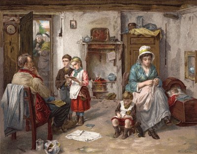 Skolstyrelsen i stugan (färg litho) av Thomas Faed