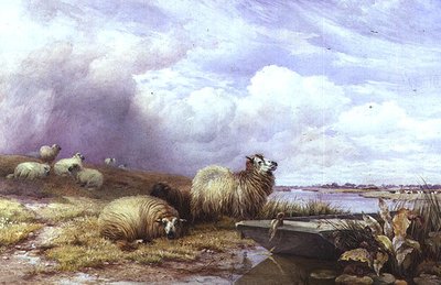 Ett landskap med får och båt av Thomas Francis Wainewright