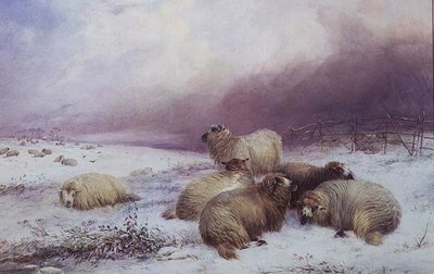Ett vinterlandskap med får av Thomas Francis Wainewright