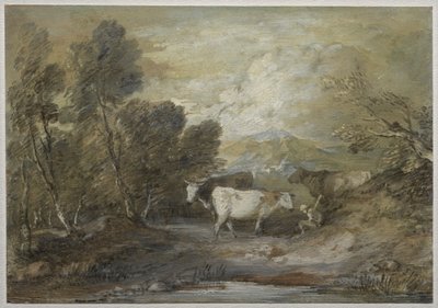 En herde med tre kor vid en höglandsbassäng av Thomas Gainsborough